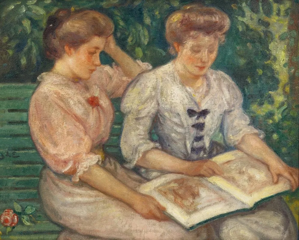 Blanche Viau Et Alice Viau Deux Jeunes Filles Lisant Sur Un Banc Wall Art by Georges d'Espagnat - High-Resolution Digital Print