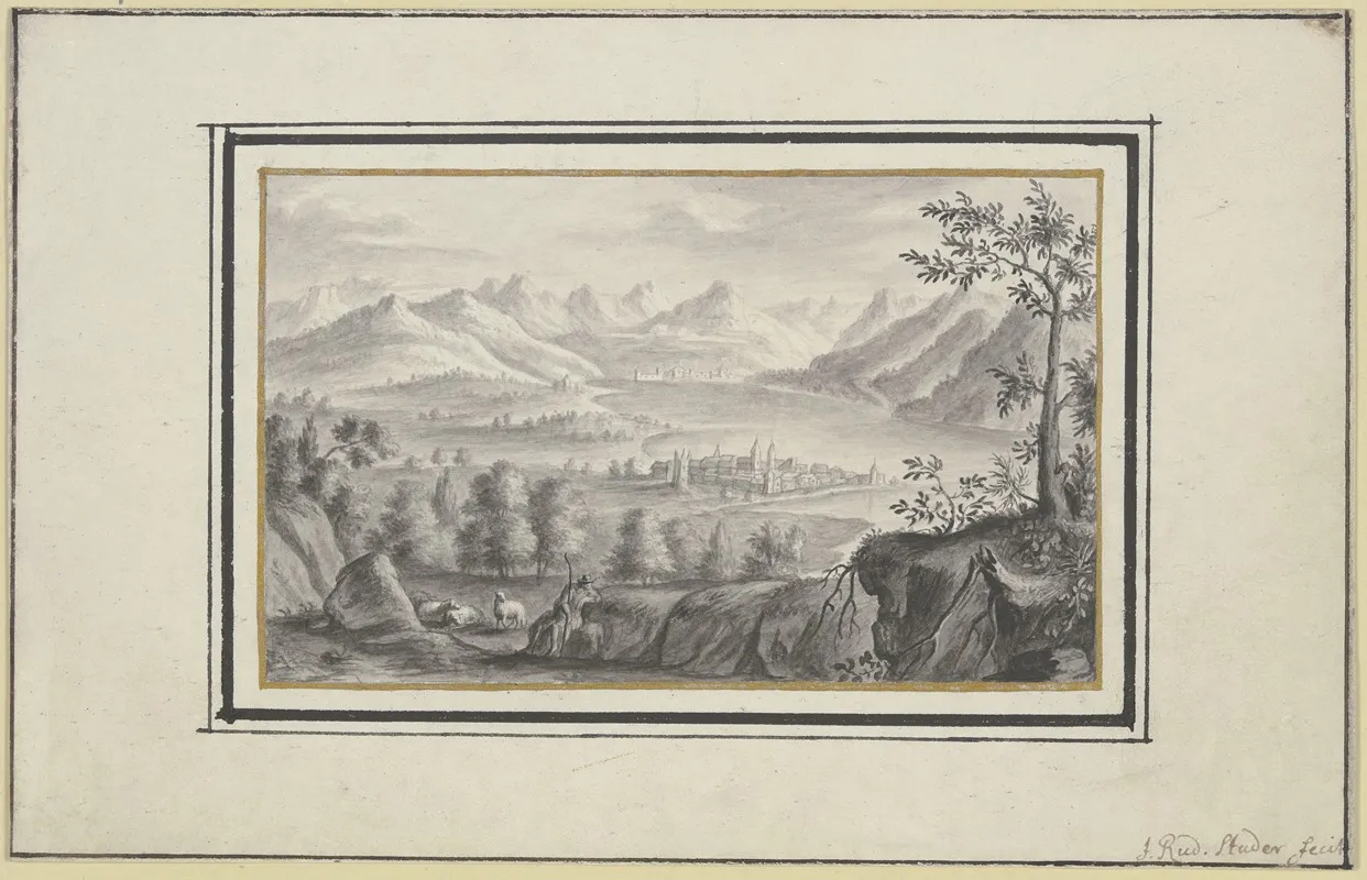 Blick Auf Einen See Zwischen Hohen Bergen Und Eine Stadt Auf Einer Landzunge Im Vordergrund Ein Hirte Mit Schafen Wall Art by Johann Rudolf Studer - High-Resolution Digital Print