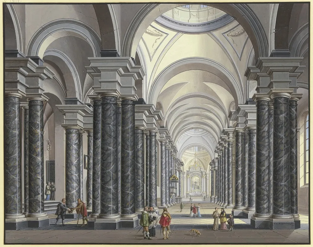 Blick In Das Innere Einer Barockkirche Mit Schwarzen Marmorsaulen Und Staffagefiguren In Der Tracht Des 17 Jahrhunderts 1790