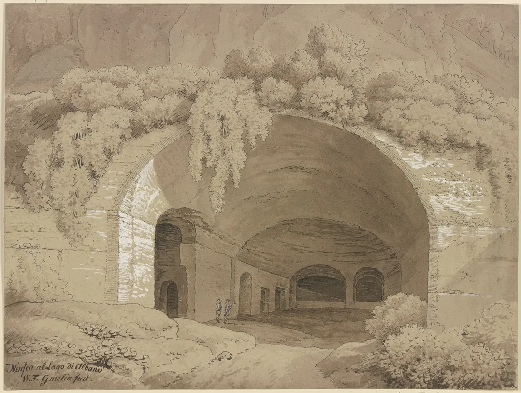 Blick In Ein Antikes Gewolbe An Einem Berghang Von Buschwerk Umrahmt In Der Grotte Zwei Figuren Wall Art by Wilhelm Friedrich Gmelin - High-Resolution Digital Print