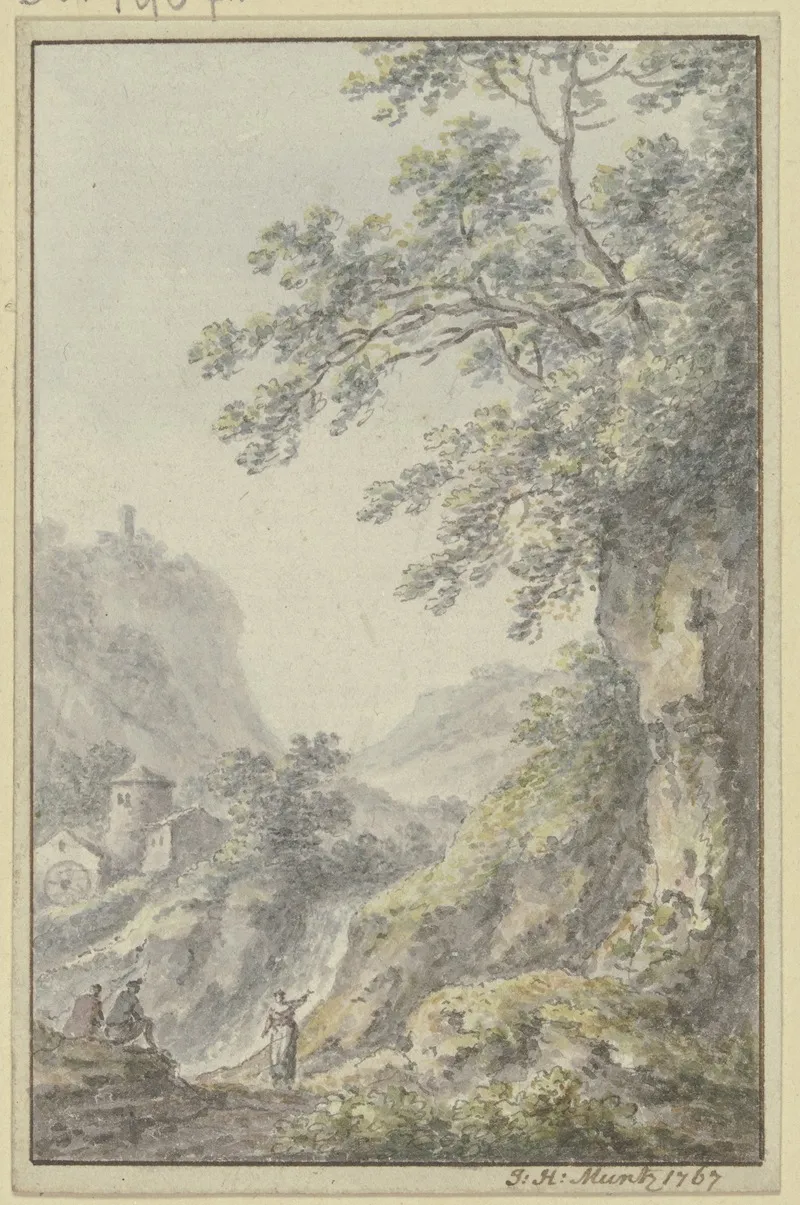 Blick In Eine Berglandschaft Mit Einer Burg Im Vordergrund Ein Hohlweg Mit Drei Figuren Wall Art by Johann Heinrich Müntz - High-Resolution Digital Print