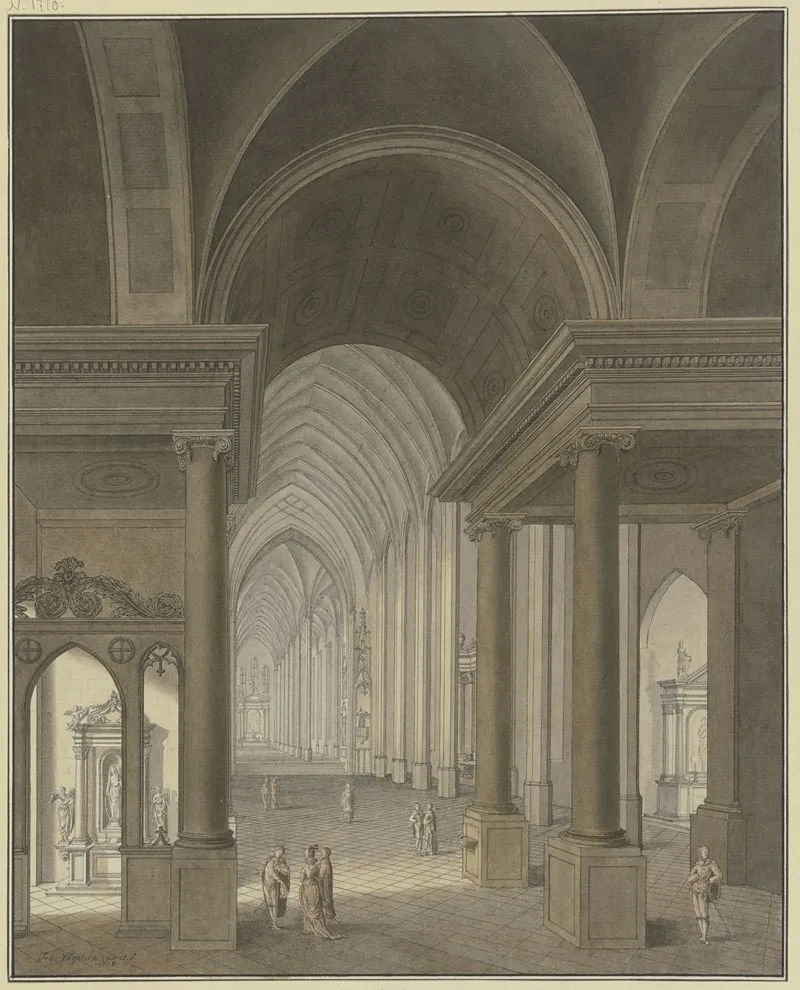 Blick In Eine Gotische Kirche Im Vordergrund Barock Anbauten Mit Staffagefiguren Im Kostum Des 17 Jahrhunderts Wall Art by JOHANN VÖGELIN - High-Resolution Digital Print