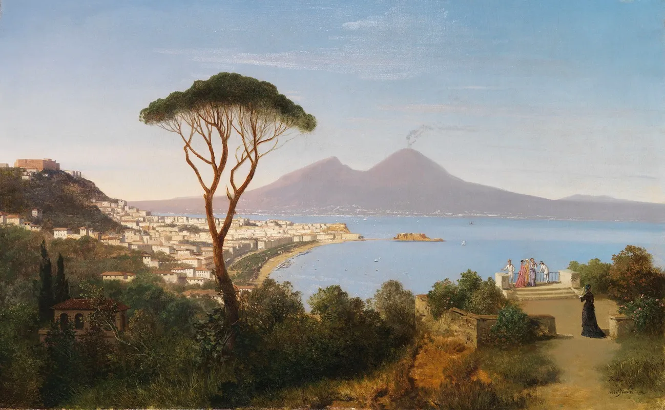 Blick Vom Posillipo Auf Die Weite Bucht Von Neapel Mit Rauchendem Vesuv