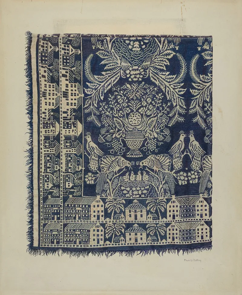 Blue And White Woolen Coverlet Wall Art by Frank Gutting - High-Resolution Digital Print