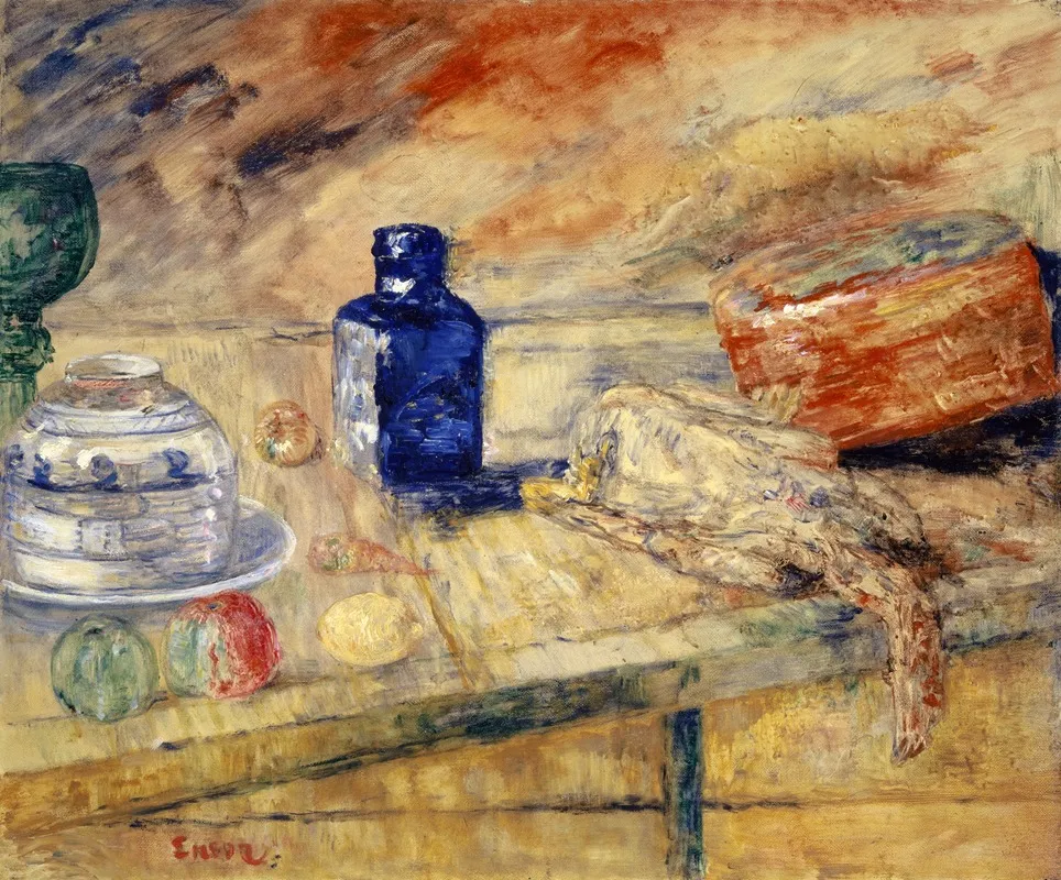 Blue Bottles And Chicken Wall Art by James Ensor - High-Resolution Digital Print