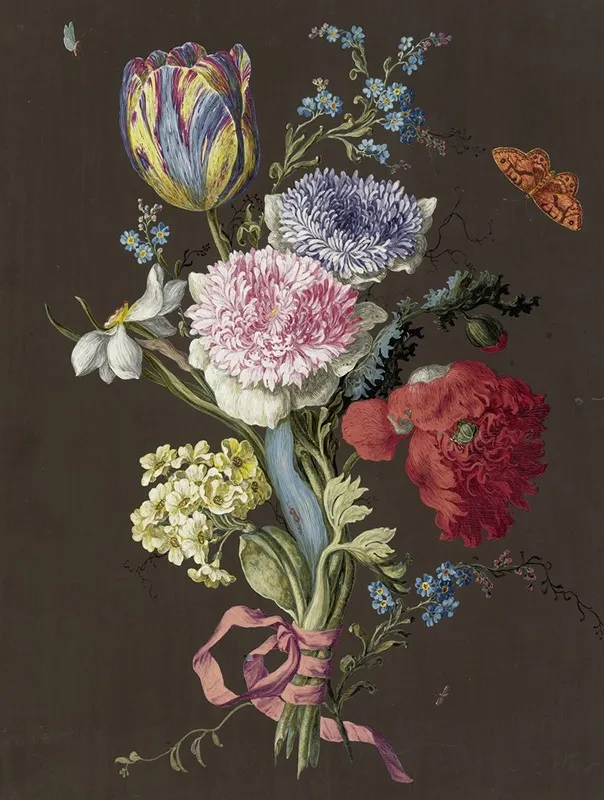 Blumengebinde Aus Anemonen Anemona Tulpe Tulipa Mohnpapaver Narzisse Narcissus Und Aurikel Primula Auricula Mit Braunem Schmetterling