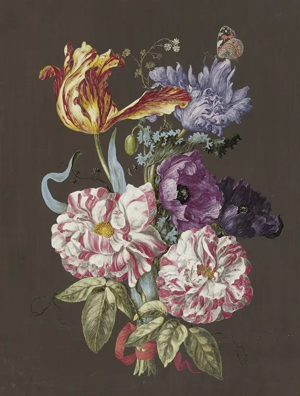 Blumengebinde Mit Rosen Rosa Tulpen Tulipa Mohn Papaver Und Anderen Blumen Mit Admiral