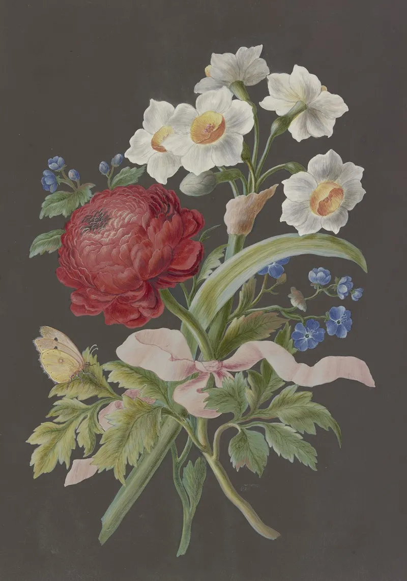Blumengebinde Mit Roter Ranunkel Ranunculus Weiser Tazette Narcissus Tazetta Und Blauer Blume Mit Postillon Wall Art by Barbara Regina Dietzsch - High-Resolution Digital Print