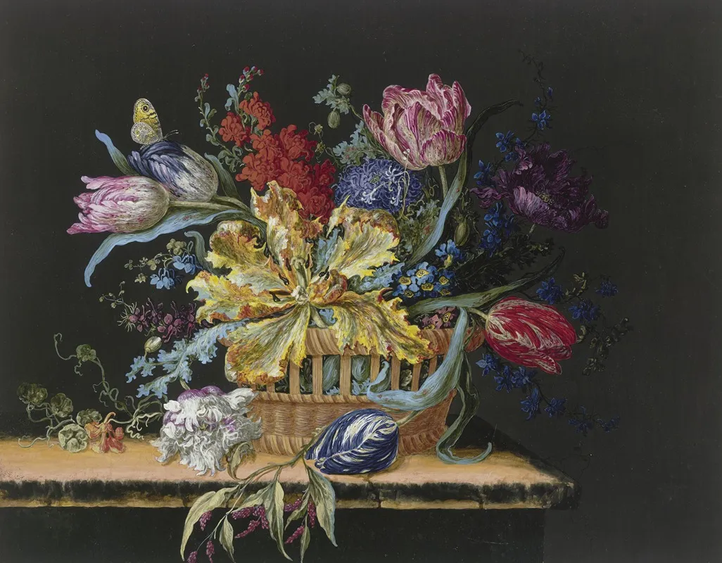 Blumenkorb Mit Tulpen Levkojen Rittersporn Und Anderen Blumen Auf Einem Tisch Wall Art by Barbara Regina Dietzsch - High-Resolution Digital Print
