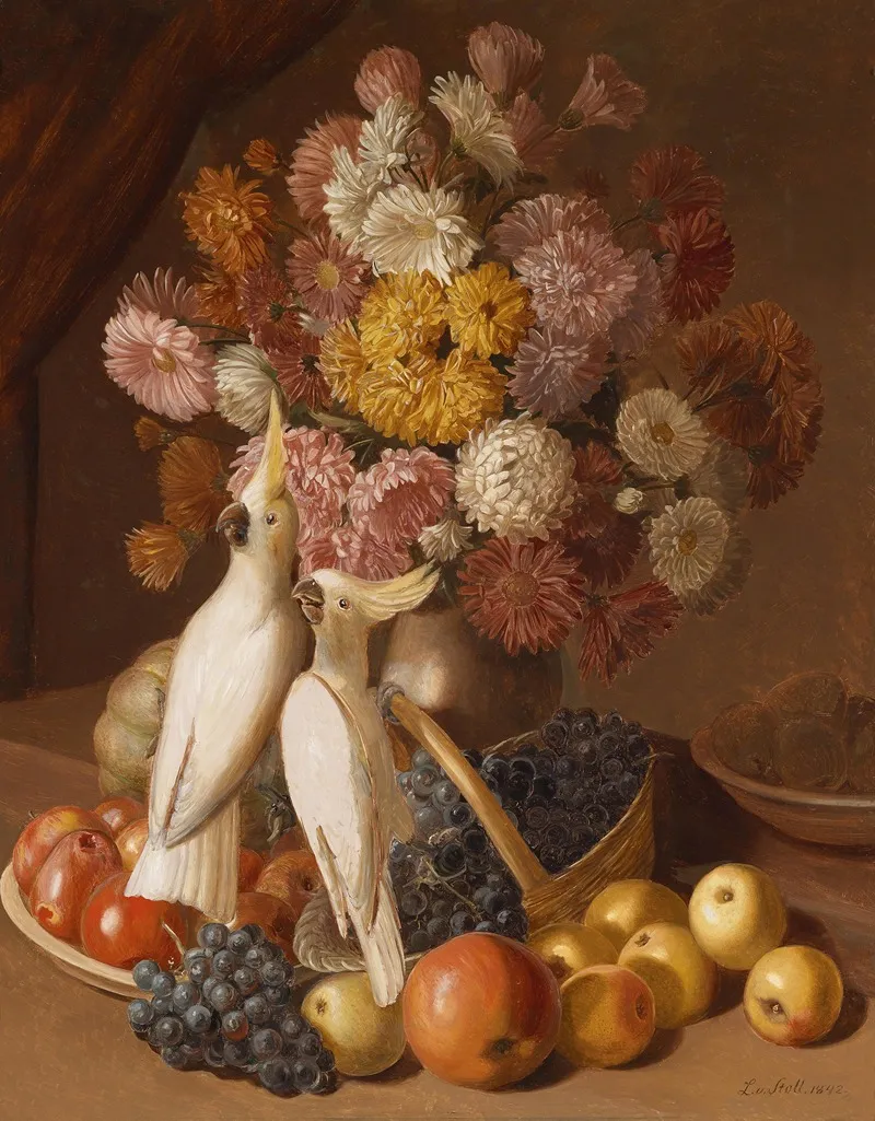 Blumenstillleben Mit Fruchten Und Nymphensittichen Wall Art by Leopold von Stoll - High-Resolution Digital Print
