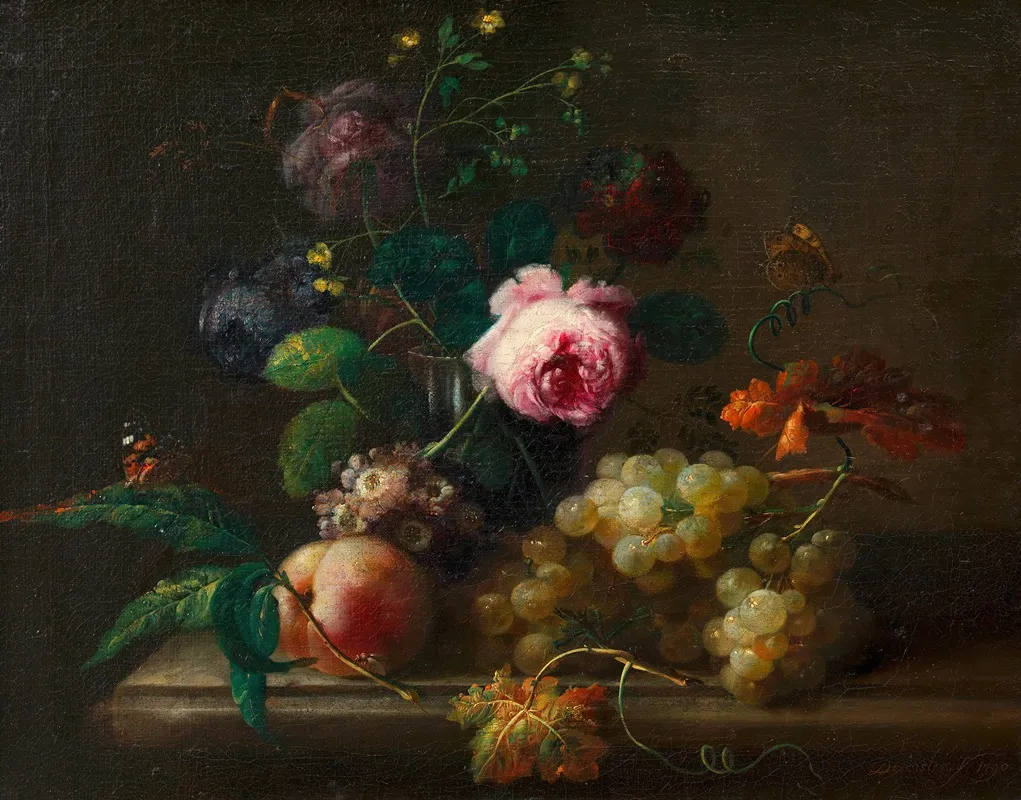 Blumenstillleben Mit Fruchten Wall Art by Johann Baptist Drechsler - High-Resolution Digital Print