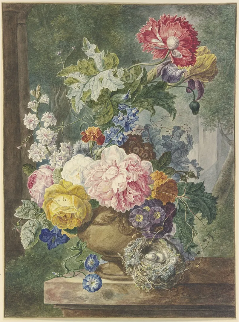 Blumenstraus In Einer Vase Dabei Ein Vogelnest Wall Art by Georgius Jacobus Johannes van Os - High-Resolution Digital Print