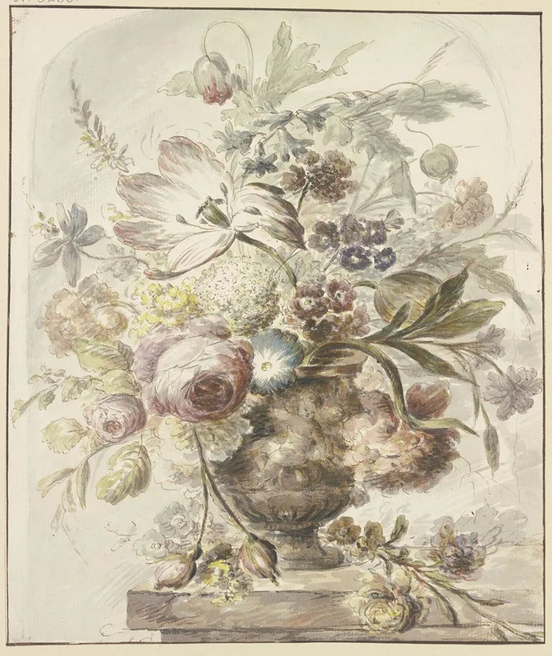 Blumenstraus In Einer Vase Mit Basrelief Links Hangen Zwei Rosenknospen Herab Wall Art by J. H. Van Loon - High-Resolution Digital Print