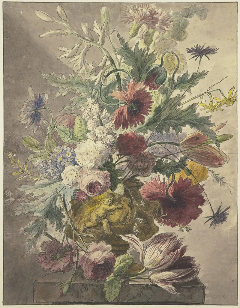 Blumenstraus In Einer Vase Mit Basrelief Vorne Liegt Eine Rose Und Eine Tulpe Wall Art by J. H. Van Loon - High-Resolution Digital Print