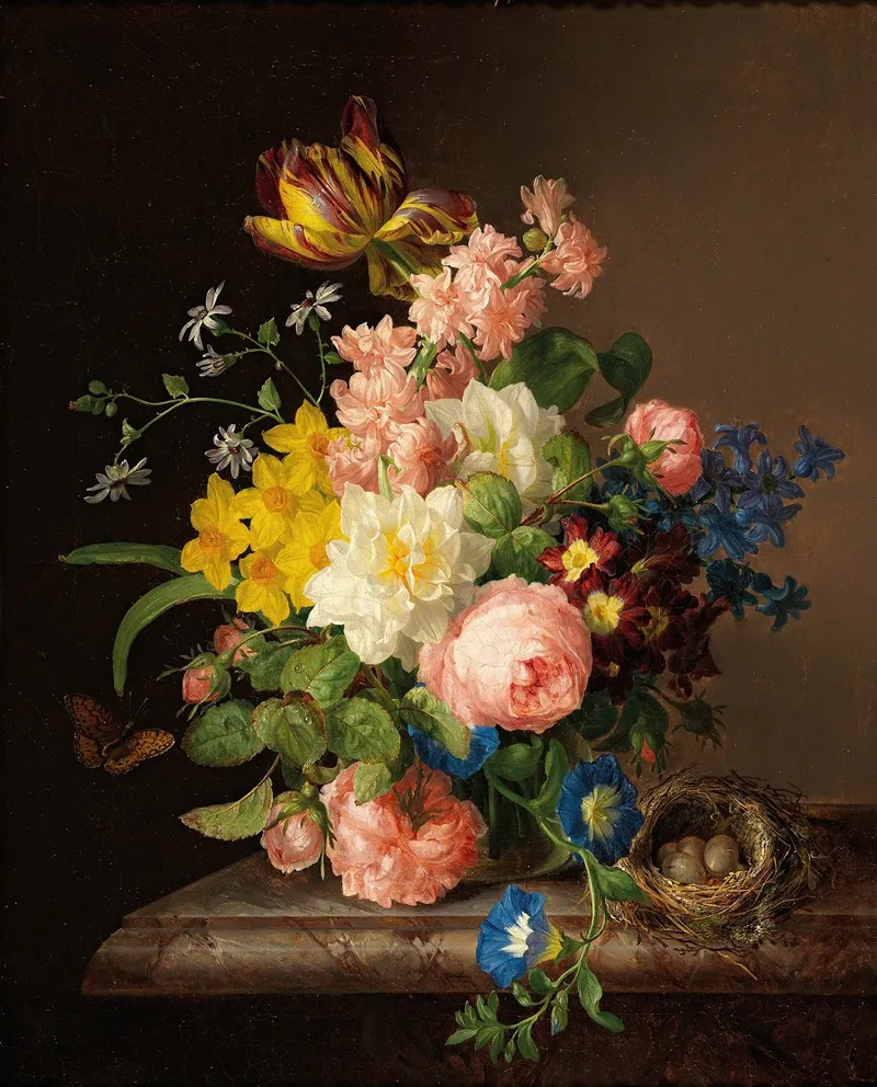 Blumenstraus Mit Vogelnest Und Schmetterling Wall Art by Josef Lauer - High-Resolution Digital Print