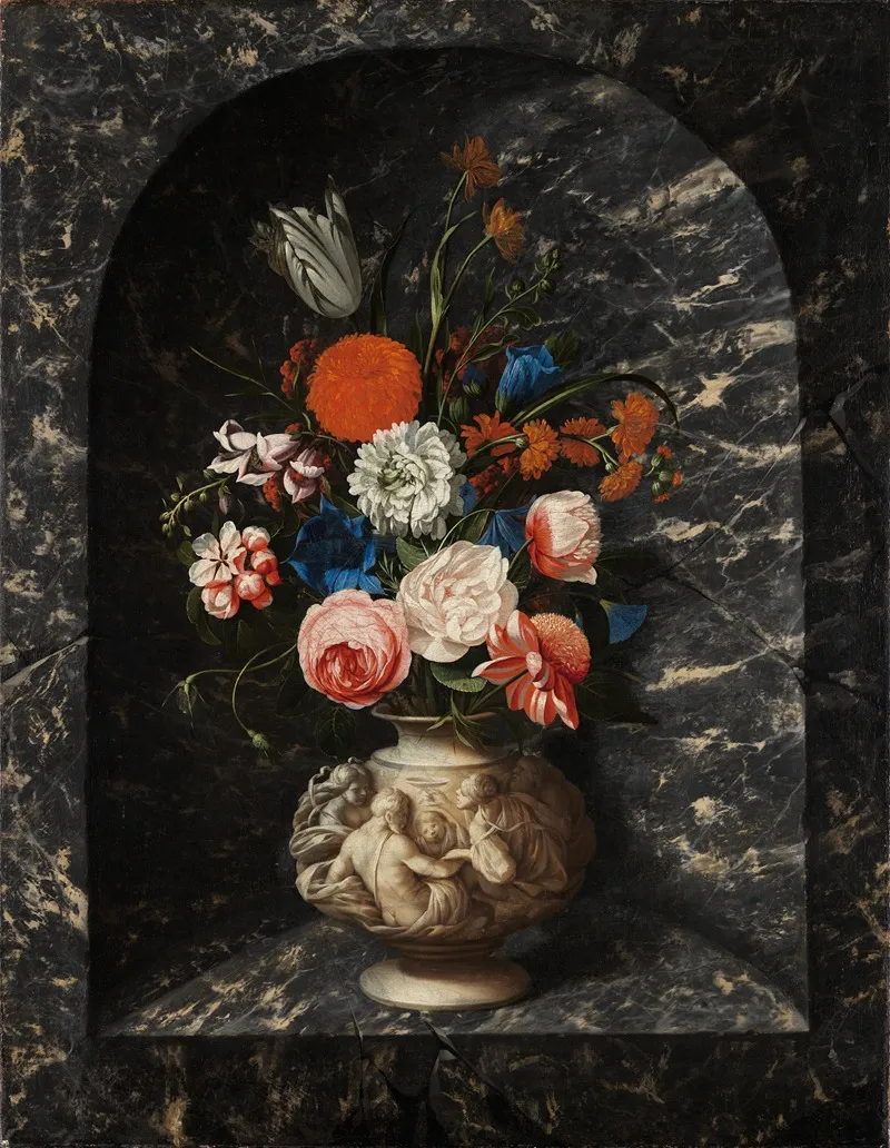 Blumenstrauss In Schwarz Weiser Marmornische Wall Art by Georg Hinz - High-Resolution Digital Print