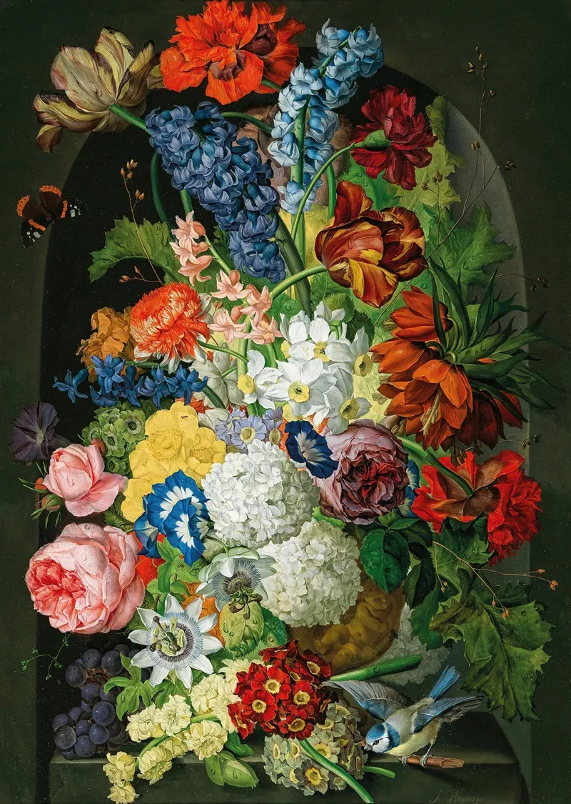 Blumenstuck Mit Schmetterling Und Blaumeise Wall Art by Sebastian Wegmayr - High-Resolution Digital Print