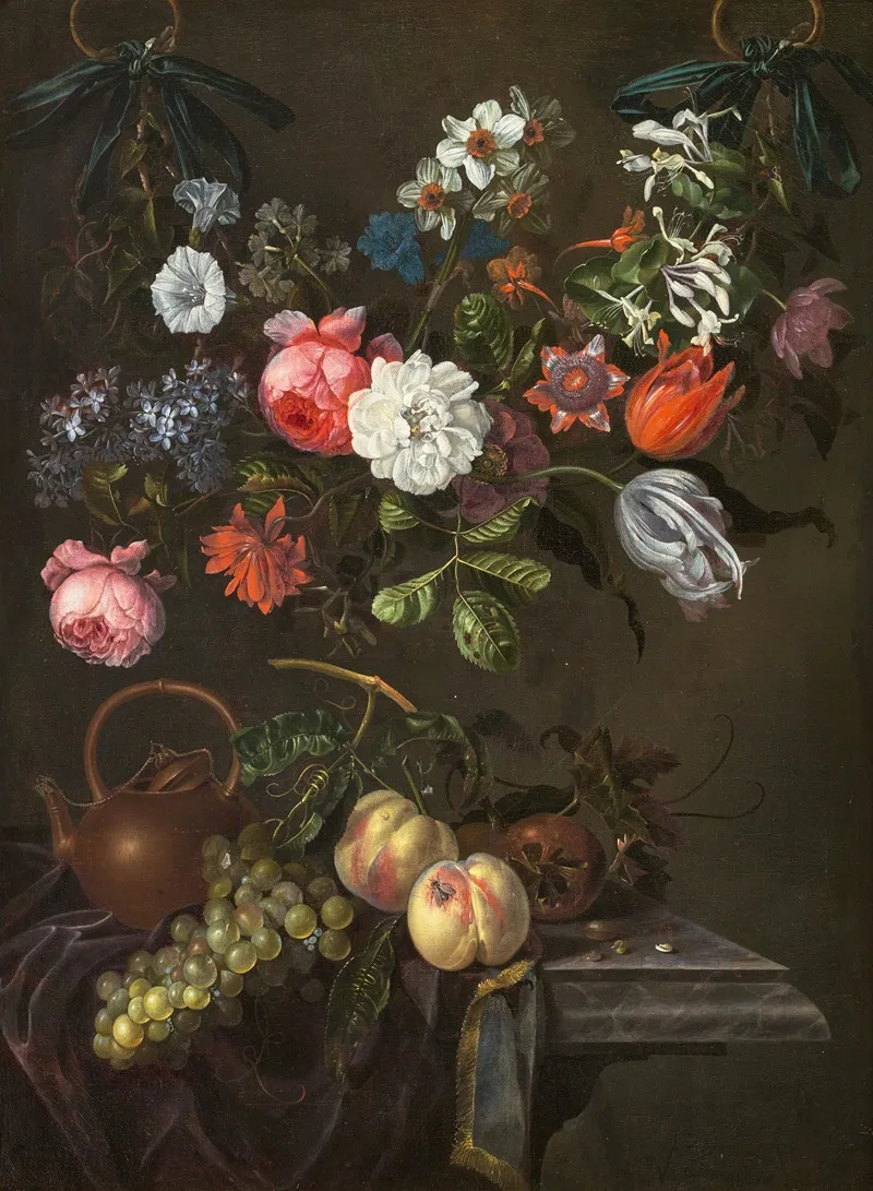 Blutengirlande Uber Einer Steinernen Plinthe Auf Der Fruchte Und Ein Teekannchen Ausgebreitet Sind Wall Art by David Hennekijn - High-Resolution Digital Print