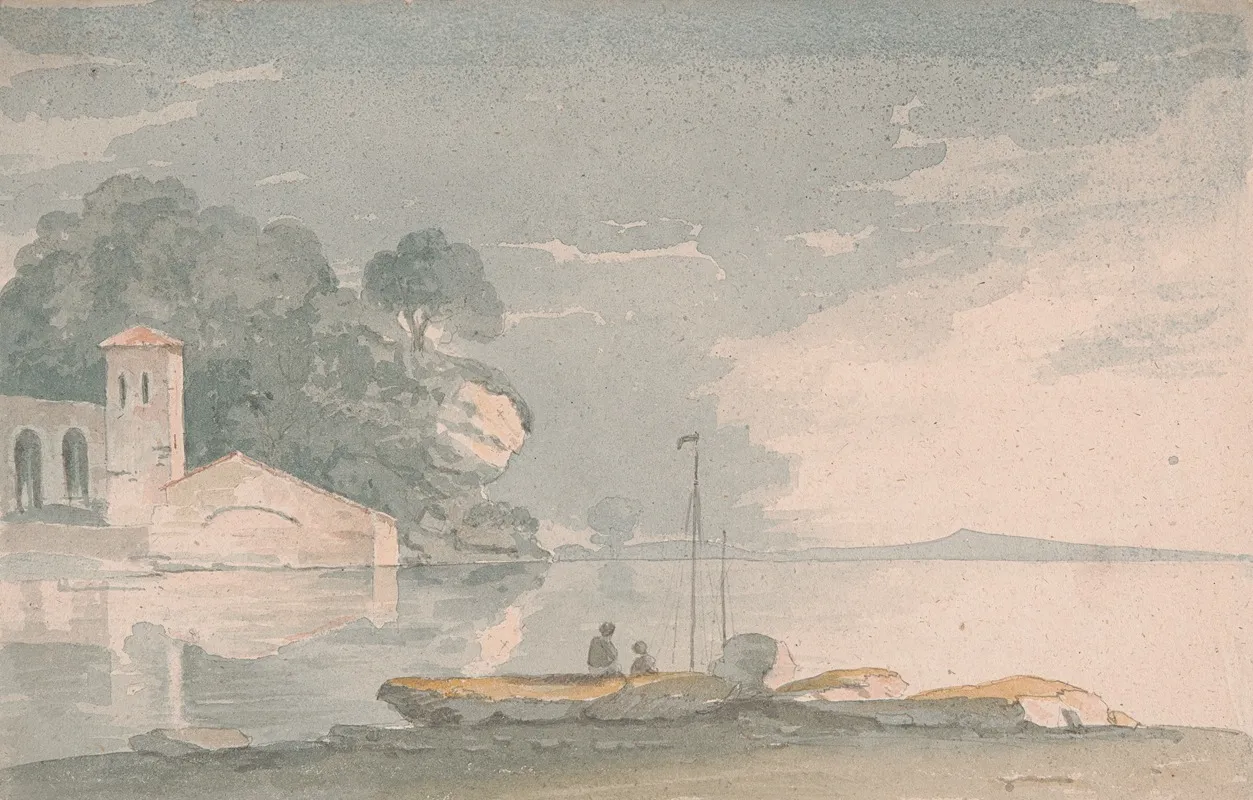 Boat And Figures On Shore Of A Lake Wall Art by John Baverstock Knight - High-Resolution Digital Print