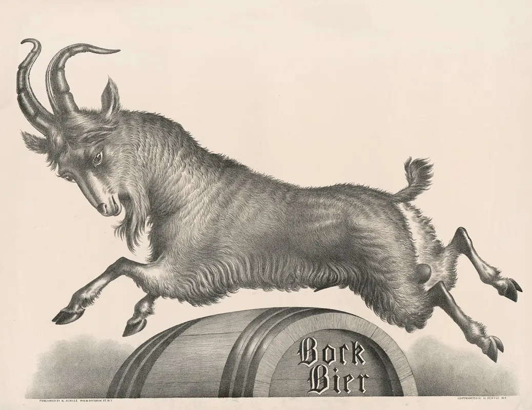 Bock Bier Goat Jumping Over Barrel Marked With Title Wall Art by Henry Jerome Schile - High-Resolution Digital Print
