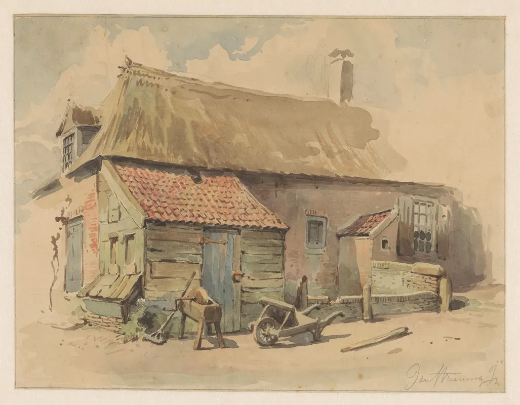 Boerenhuis Met Houten Aanbouw Ervoor Een Kruiwagen En Een Slijpsteen