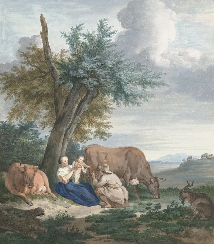 Boerin En Boer Met Kind In Een Landschap Met Vee Wall Art by Aert Schouman - High-Resolution Digital Print