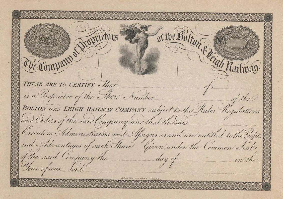 Bolton And Leight Railway Company Banknote Wall Art by Perkins & Heath - High-Resolution Digital Print
