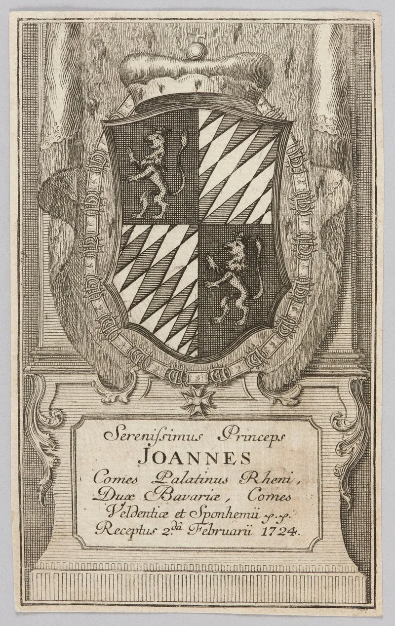 Bookplate Serenissimus Princeps Joannes Comes Palatinus Rheni Dux Bavariae Comes Veldentiae Et Sponhemii Receptus 2 Da Februarii 1724