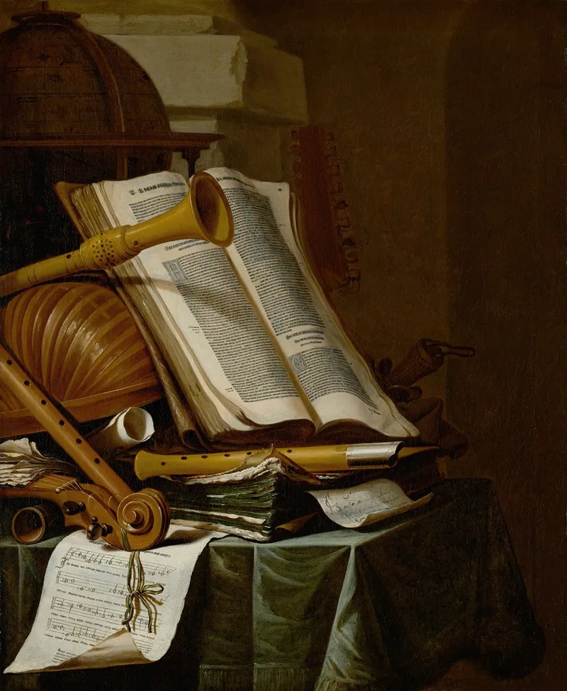 Books A Globe And Musical Instruments On A Draped Table Wall Art by Jan Vermeulen - High-Resolution Digital Print