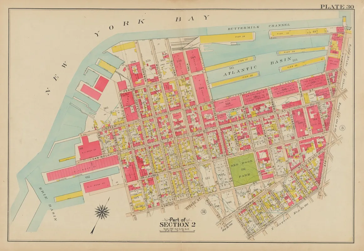Bounded By New York Bay Piers Ferris Street Pioneer Street Atlantic Basin Imlay Street Hamilton Avenue Hicks Street Centre Street Columbia Street Bush Street Otswego Street Wolcott Street Wall Art by George Washington Bromley - High-Resolution Digital Print