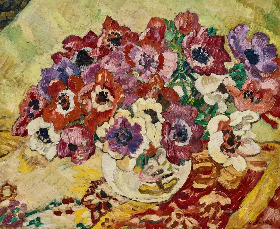 Bouquet Danemones Au Vase A Loiseau Sur Fond Jaune Wall Art by Louis Valtat - High-Resolution Digital Print