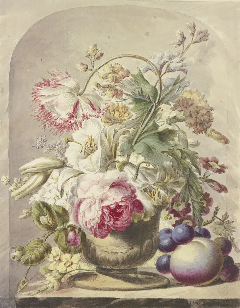 Bouquet In Einer Vase Vorne Rechts Ein Pfirsich Und Einige Trauben Wall Art by J. H. Van Loon - High-Resolution Digital Print