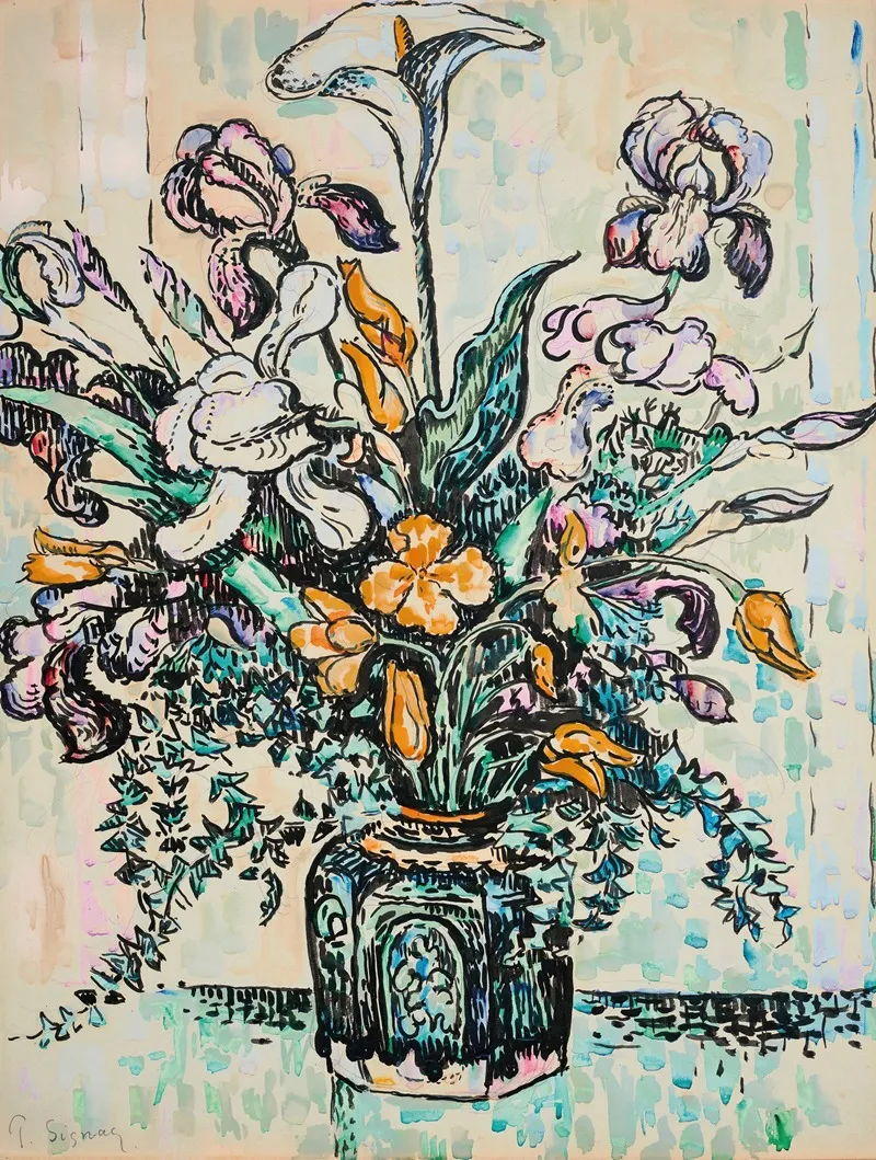 Bouquet Iris Arum Tulipes Dans Un Vase Dandre Metthey Wall Art by Paul Signac - High-Resolution Digital Print
