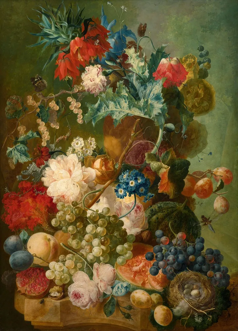 Bouquet Of Flowers And Fruits On An Entablature Wall Art by Jan Van Os - High-Resolution Digital Print