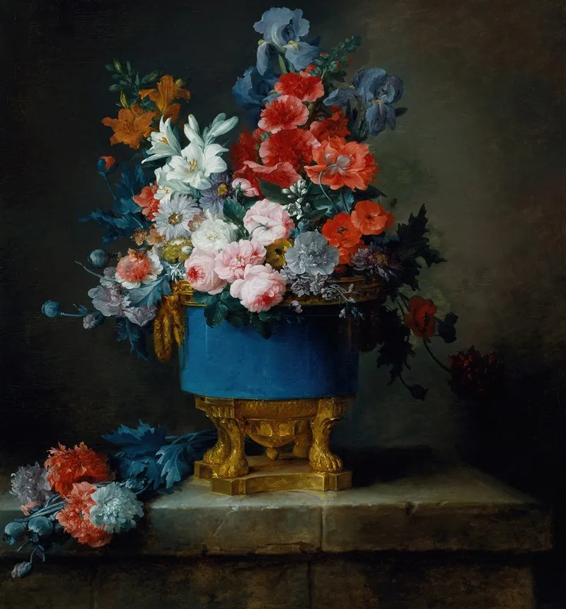 Bouquet Of Flowers In A Blue Porcelain Vase Wall Art by Anne Vallayer-Coster - High-Resolution Digital Print