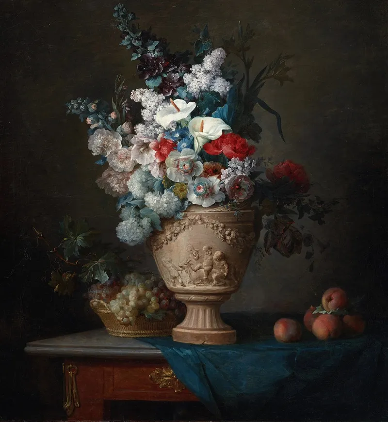 Bouquet Of Flowers In A Terracotta Vase With Peaches And Grapes Wall Art by Anne Vallayer-Coster - High-Resolution Digital Print