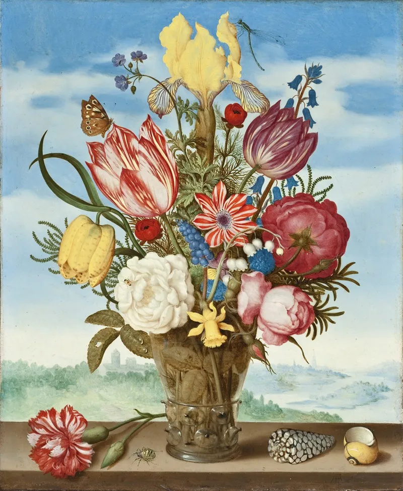 Bouquet Of Flowers On A Ledge 2 Wall Art by Ambrosius Bosschaert the Elder - High-Resolution Digital Print