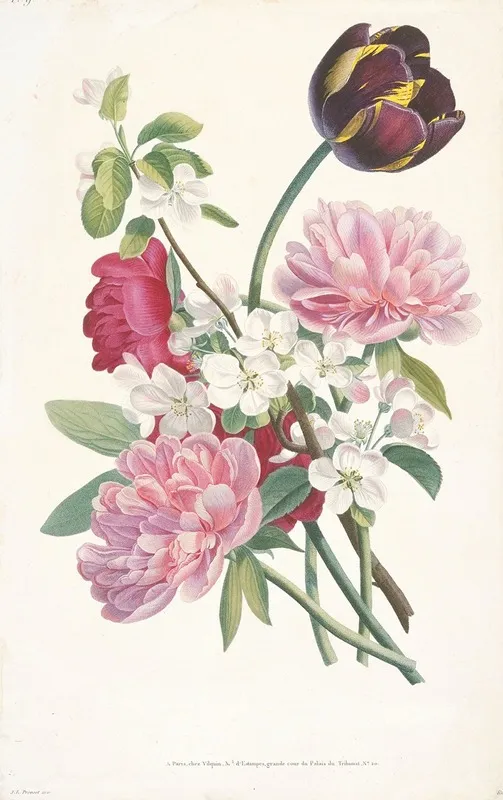 Bouquet Of Tulip Peonies And A Branch From An Apple Tree Wall Art by After Jean Louis Prévost - High-Resolution Digital Print