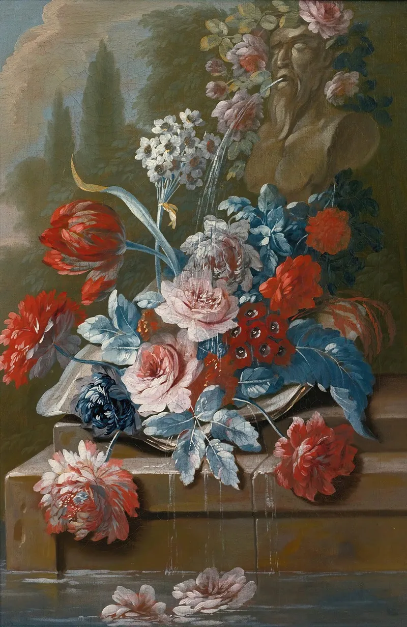 Bouquets Of Flowers On A Ledge Above Water 2 Wall Art by Mary Moser - High-Resolution Digital Print