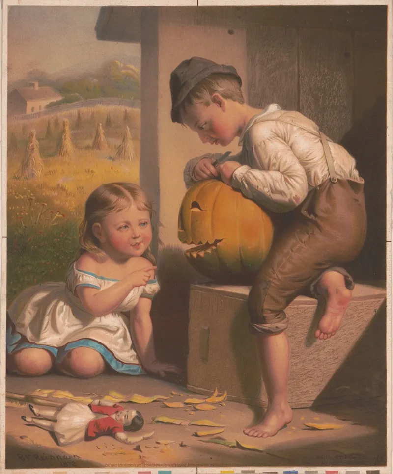 Boy And Girl Carving Pumpin Into Jack Olantern Wall Art by Hencke &amp; Scott - High-Resolution Digital Print