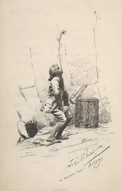 Boy Balancing A Tall Weed On His Nose