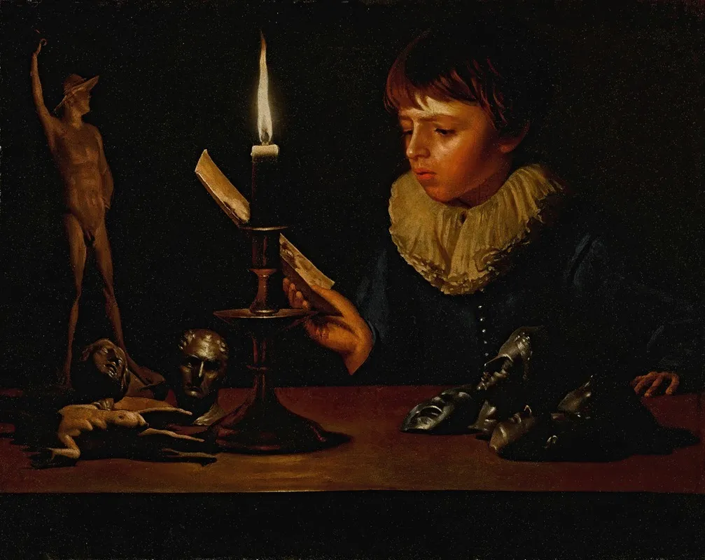 Boy Behind A Table With Statuettes Reading By Candlelight Wall Art by Adam de Coster - High-Resolution Digital Print