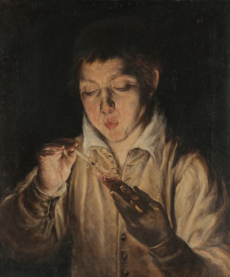 Boy Blowing An Ember Wall Art by El Greco (Domenikos Theotokopoulos) - High-Resolution Digital Print