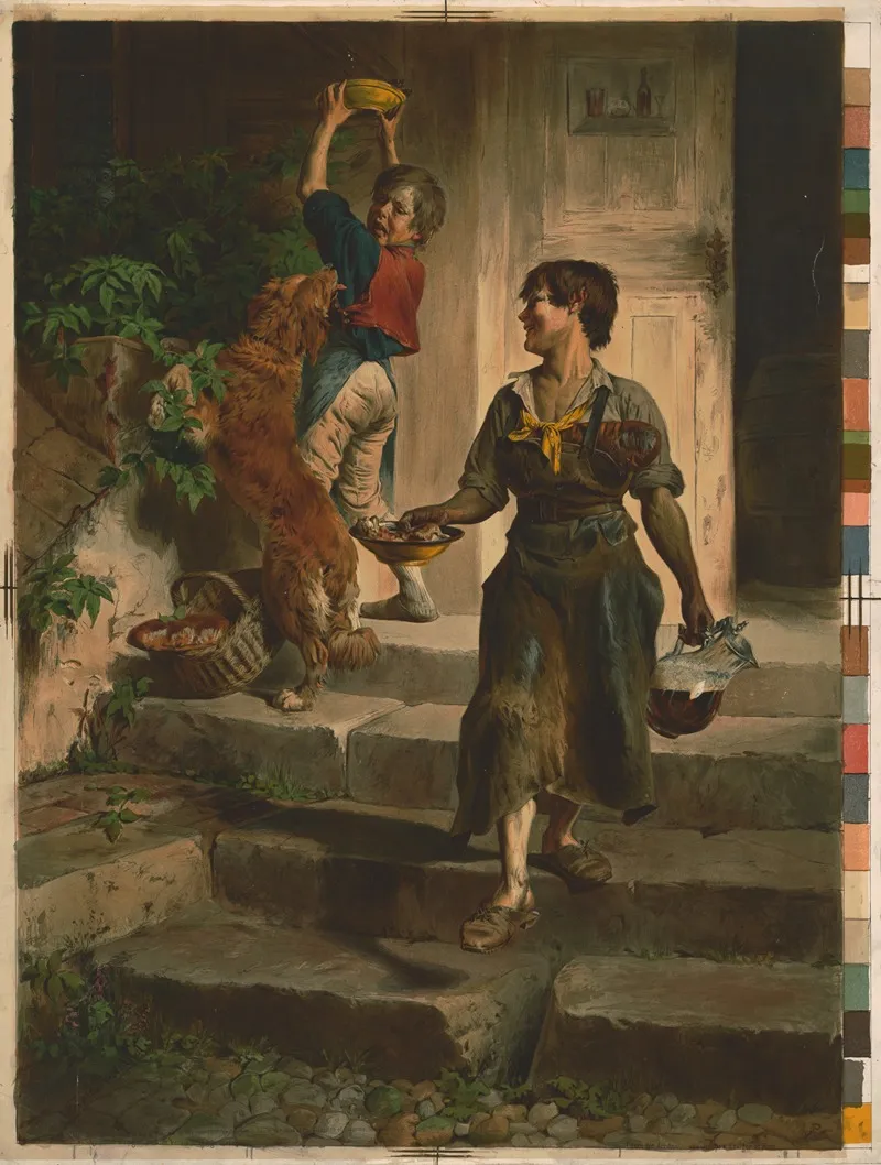 Boy Descending Stairs Looking Over His Shoulder At Boy And Dog Wall Art by Toby E. Rosenthal - High-Resolution Digital Print