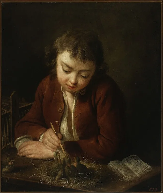 Boy Feeding Chicks Wall Art by Jean-Baptiste Charpentier - High-Resolution Digital Print