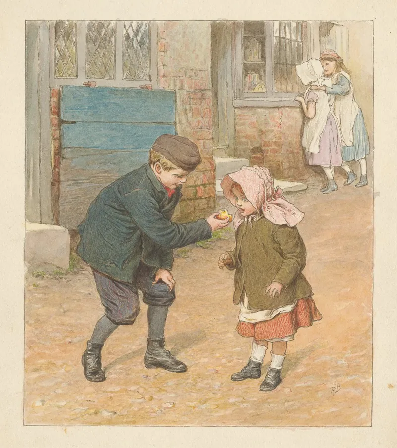 Boy Holding An Apple For A Girl With Two Girls Beyond Wall Art by Robert Barnes - High-Resolution Digital Print