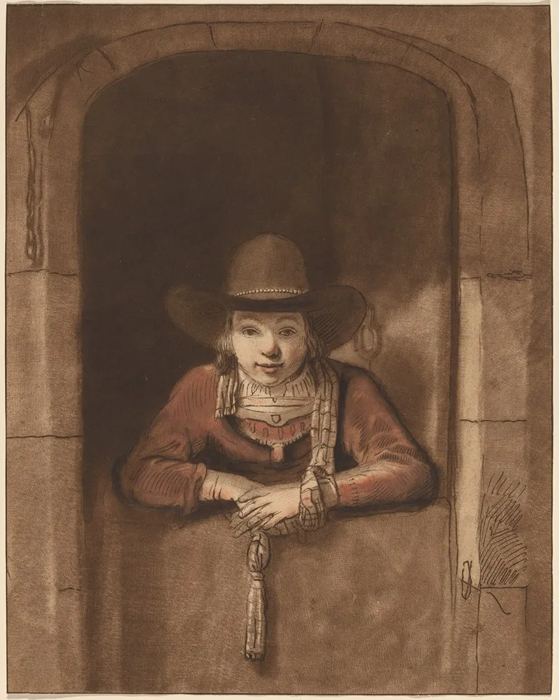 Boy Leaning Over A Lower Door After Rembrandt Van Rijn