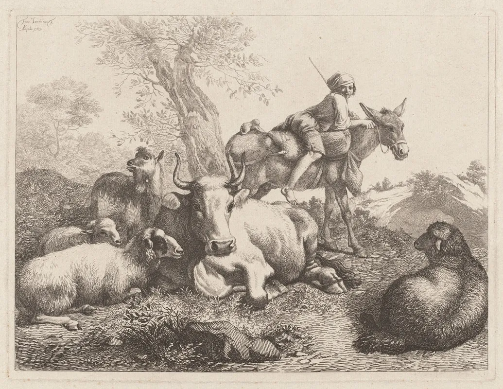 Boy On A Donkey Watching Over A Group Of Animals