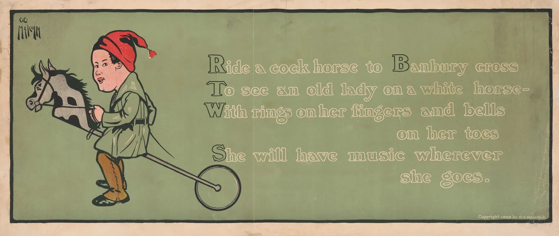 Boy Riding Hobby Horse With Nursery Rhyme Wall Art by O.C. Malcolm - High-Resolution Digital Print