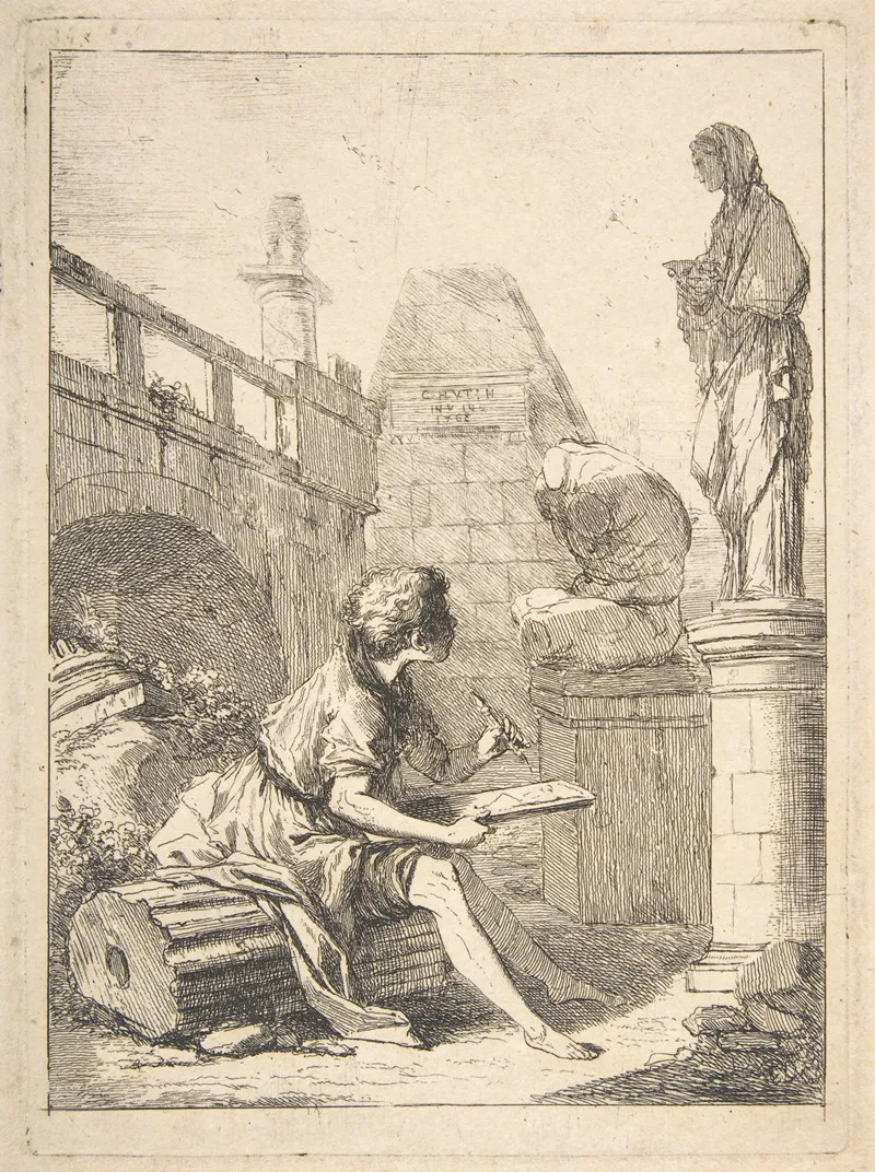 Boy Sketching Ruins Wall Art by Charles-François Hutin - High-Resolution Digital Print